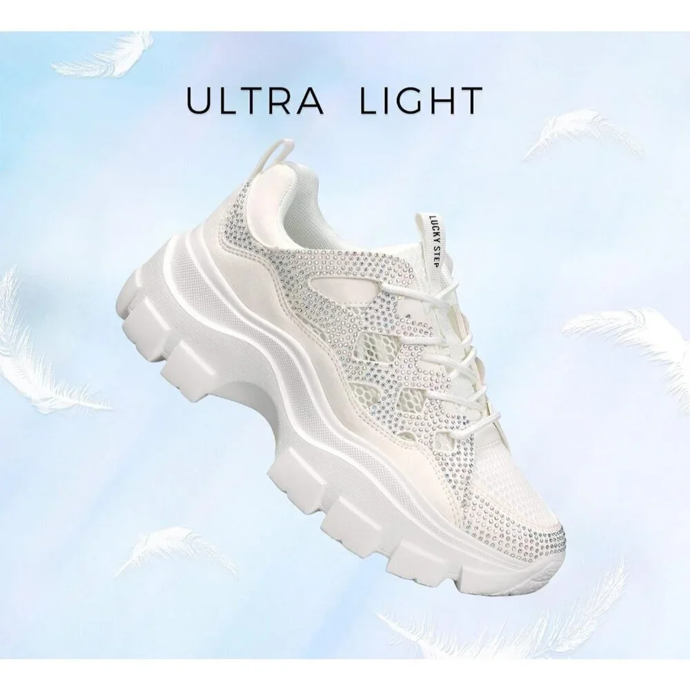 Women White Rhinestone Platform Fuchsia Hologram Casual Lace-Up Sneakers